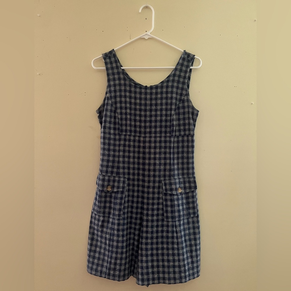 SILK EXCHANGE Navy and White Plaid Raw Silk Romper
